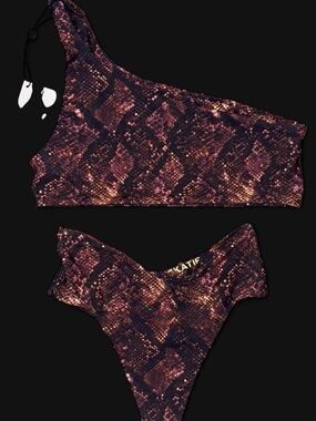 Skatie One-Shoulder boa Bikini Set - Purple/Brown